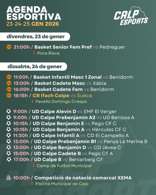 📅 Ací us deixem l’agenda esportiva per a aquest cap de setmana a Calp (23 al 25 de gener de 2026).

——
📅 Aquí os dejamos la agenda deportiva para este fin de semana en Calp (23 al 25 de enero de 2026).