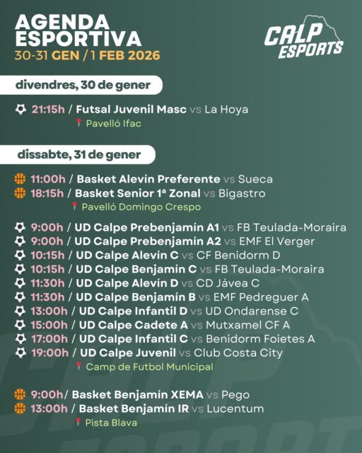 📅 Ací us deixem l’agenda esportiva per a aquest cap de setmana a Calp (30 al 1 de febrer de 2026).

——
📅 Aquí os dejamos la agenda deportiva para este fin de semana en Calp (30 al 1 de febrero de 2026).
