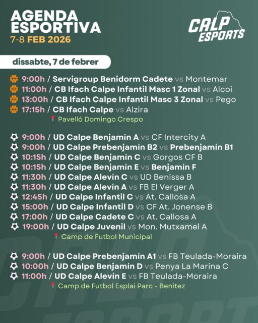 📅 Ací us deixem l’agenda esportiva per a aquest cap de setmana a Calp (7 i 8 de febrer de 2026).
——
📅 Aquí os dejamos la agenda deportiva para este fin de semana en Calp (7 y 8 de febrero de 2026).