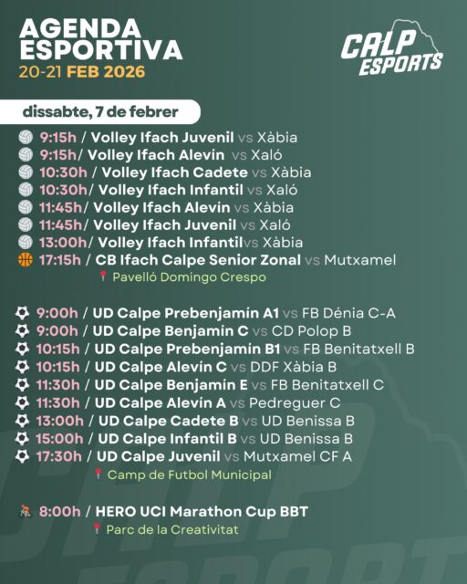 📅 Ací us deixem l’agenda esportiva per a aquest cap de setmana a Calp (21 i 22 de febrer de 2026).
——
📅 Aquí os dejamos la agenda deportiva para este fin de semana en Calp (21 y 22 de febrero de 2026).
