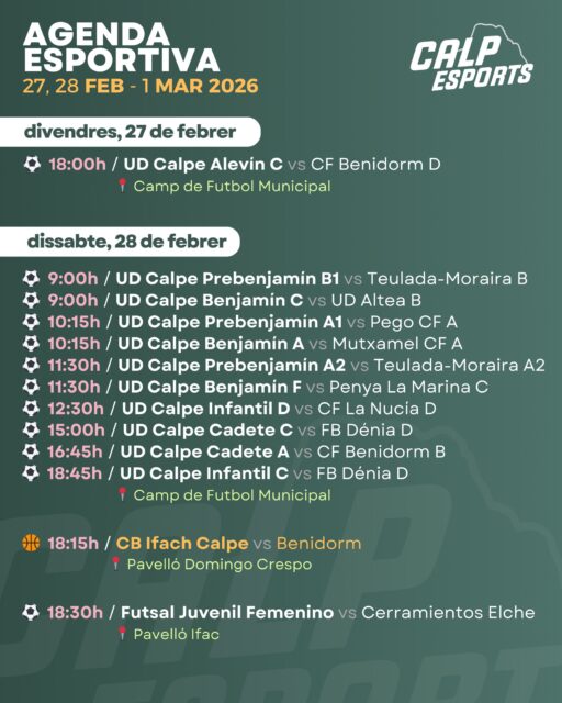 📅 Ací us deixem l’agenda esportiva per a aquest cap de setmana a Calp (27 de febrer a l'1 de març de 2026).
——
📅 Aquí os dejamos la agenda deportiva para este fin de semana en Calp (27 de febrero al 1 de marzo de 2026).