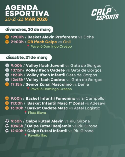 📅 Ací us deixem l’agenda esportiva per a aquest cap de setmana a Calp (20 al 22 de març de 2026).
——
📅 Aquí os dejamos la agenda deportiva para este fin de semana en Calp (20 al 22 de marzo de 2026).