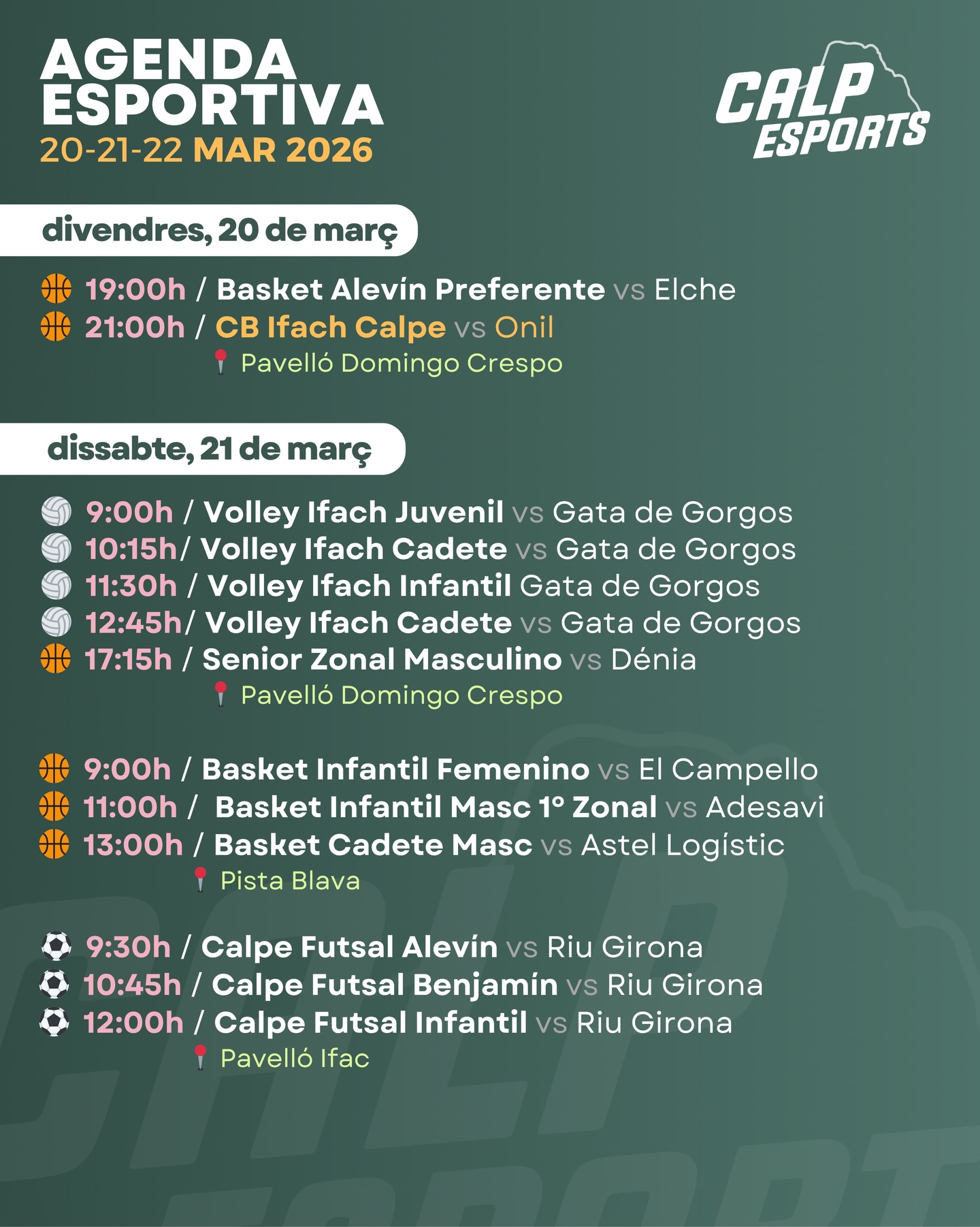 📅 Ací us deixem l’agenda esportiva per a aquest cap de setmana a Calp (20 al 22 de març de 2026).
——
📅 Aquí os dejamos la agenda deportiva para este fin de semana en Calp (20 al 22 de marzo de 2026).