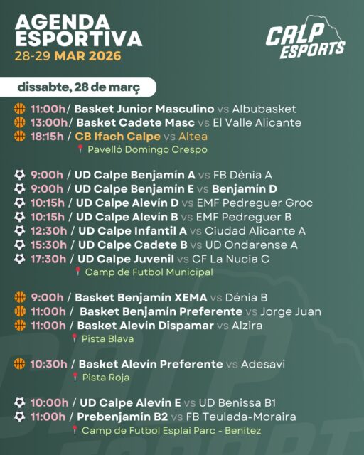 📅 Ací us deixem l’agenda esportiva per a aquest cap de setmana a Calp (28 i 29 de març de 2026).
——
📅 Aquí os dejamos la agenda deportiva para este fin de semana en Calp (28 y 29 de marzo de 2026).