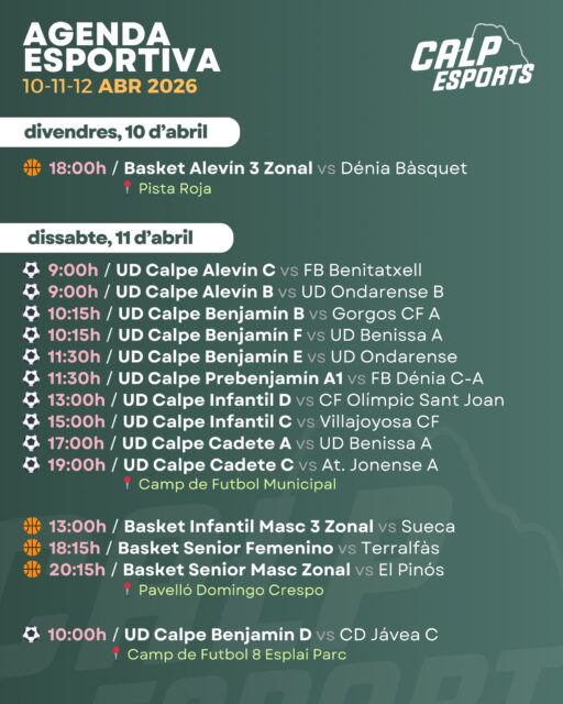 📅 Ací us deixem l’agenda esportiva per a aquest cap de setmana a Calp (10 al 12 d'abril de 2026).
——
📅 Aquí os dejamos la agenda deportiva para este fin de semana en Calp (10 al 12 de abril de 2026).