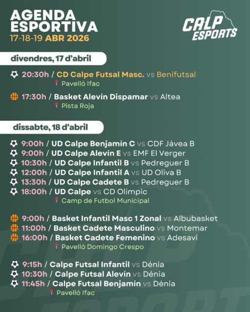 📅 Ací us deixem l’agenda esportiva per a aquest cap de setmana a Calp (17 al 19 d'abril de 2026).
——
📅 Aquí os dejamos la agenda deportiva para este fin de semana en Calp (17 al 19 de abril de 2026).