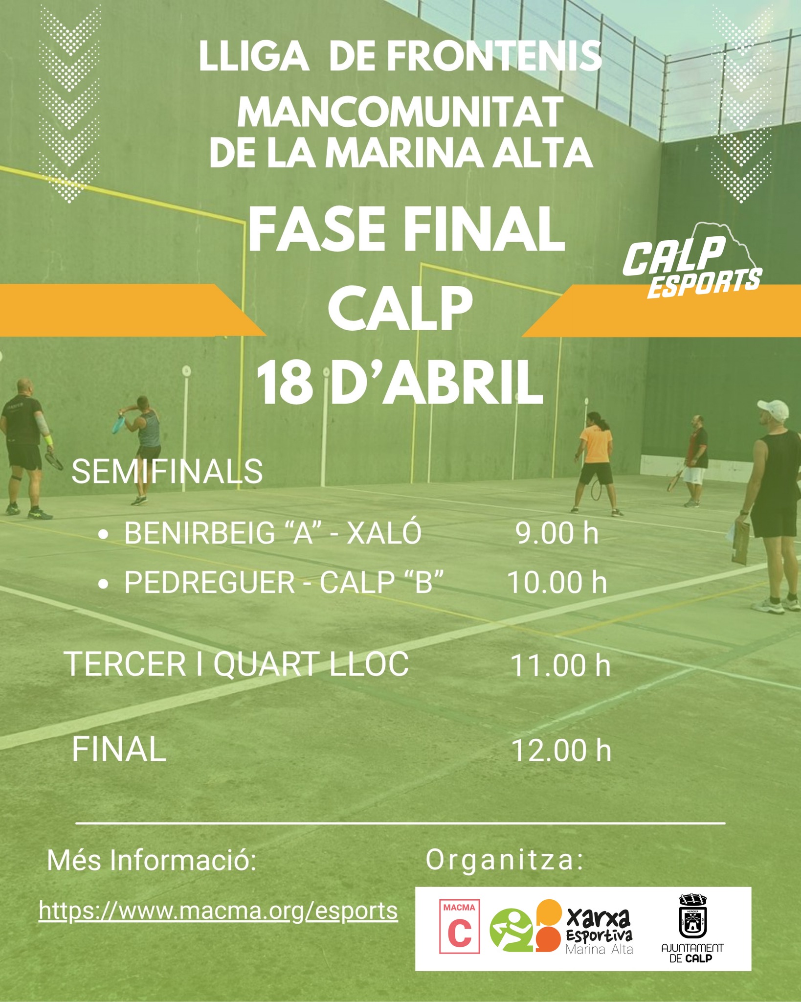 🔥 FASE FINAL LLIGA DE FRONTENIS – CALP 🔥

🏆 Este dissabte 18 d’abril arriba el moment decisiu de la Lliga de Frontenis de la Mancomunitat de la Marina Alta a Calp!

⏰ Horaris:
🔹 Semifinals
• Benirbeig “A” 🆚 Xaló – 9:00 h
• Pedreguer 🆚 Calp “B” – 10:00 h

🔹 3r i 4t lloc – 11:00 h
🔹 Final – 12:00 h

💪 Vine a gaudir del millor frontenis de la comarca i anima als equips en aquesta gran jornada esportiva!

---
🔥 FASE FINAL LIGA DE FRONTENIS – CALP 🔥

🏆 Este sábado 18 de abril llega el momento decisivo de la Liga de Frontenis de la Mancomunitat de la Marina Alta en Calp.

⏰ Horarios:
🔹 Semifinales
• Benirbeig “A” 🆚 Xaló – 9:00 h
• Pedreguer 🆚 Calp “B” – 10:00 h

🔹 3º y 4º puesto – 11:00 h
🔹 Final – 12:00 h

💪 ¡Ven a disfrutar del mejor frontenis de la comarca y anima a los equipos en esta gran jornada deportiva!

#Frontenis #Calp #Calpe #MarinaAlta #Esport #Deporte
