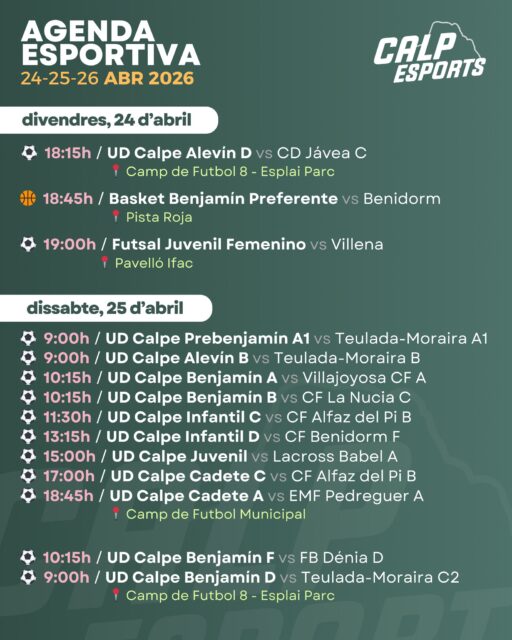 📅 Ací us deixem l’agenda esportiva per a aquest cap de setmana a Calp (24 al 26 d'abril de 2026).
——
📅 Aquí os dejamos la agenda deportiva para este fin de semana en Calp (24 al 26 de abril de 2026).