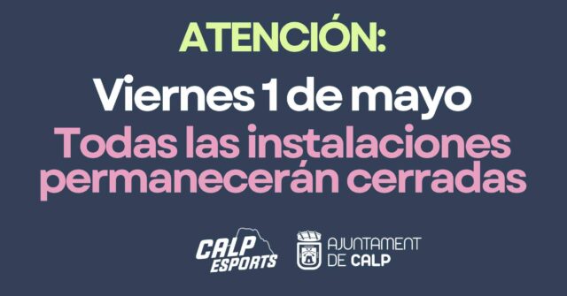 🚨 ATENCIÓ 🚨: Informem a totes les persones usuàries que, amb motiu de la festivitat del pròxim divendres 1 de maig, totes les instal·lacions municipals romandran tancades durant tota la jornada.

Les instal·lacions afectades són:
• Piscina
• Esplai Parc
• Pistes esportives
• Gimnàs obert
• Pavellons

Dissabte i diumenge, els horaris són els habituals.

———
🚨 ATENCIÓN 🚨: Se informa a todas las personas usuarias que, con motivo de la festividad del próximo viernes 1 de mayo, todas las instalaciones municipales permanecerán cerradas durante toda la jornada.

Las instalaciones afectadas son:
• Piscina
• Esplai Parc
• Pistas deportivas
• Gimnasio
• Pabellones

El sábado y domingo, los horarios serán los habituales.