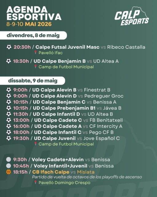 📅 Ací us deixem l’agenda esportiva per a aquest cap de setmana a Calp (8-9-10 de maig de 2026).
——
📅 Aquí os dejamos la agenda deportiva para este fin de semana en Calp (8-9-10 de mayo de 2026).