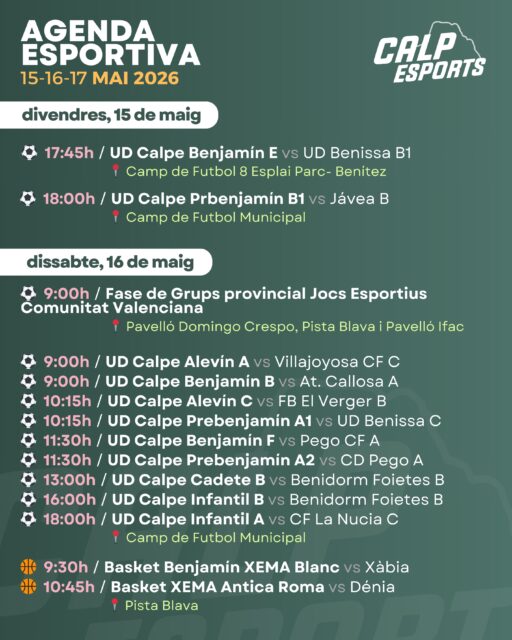 📅 Ací us deixem l’agenda esportiva per a aquest cap de setmana a Calp (15-16-16 de maig de 2026).
——
📅 Aquí os dejamos la agenda deportiva para este fin de semana en Calp (15-16-17 de mayo de 2026).