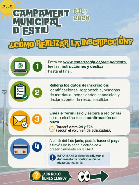 ☀️ CAMPAMENT MUNICIPAL D’ESTIU CALP 2026 ☀️

📅 Recorda els terminis d’obertura d’inscripcions:

👥 EMPADRONATS/ADES (mínim 2 anys):
🏕️ Campament complet → 20/05/2026 a les 9:00h
📆 Setmanes soltes → 21/05/2026 a les 9:00h

👥 NO EMPADRONATS/ADES:
📅 25/05/2026 a les 9:00h

⚠️ IMPORTANT: qualsevol inscripció realitzada abans del termini corresponent NO tindrà cap validesa.

💻 Les inscripcions i tota la informació a:
www.esportscalp.es/campamento

——
☀️ CAMPAMENTO MUNICIPAL DE VERANO CALP 2026 ☀️

📅 Recuerda los plazos de apertura de inscripciones:

👥 EMPADRONADOS/AS (mínimo 2 años):
🏕️ Campamento completo → 20/05/2026 a las 9:00h
📆 Semanas sueltas → 21/05/2026 a las 9:00h

👥 NO EMPADRONADOS/AS:
📅 25/05/2026 a las 9:00h

⚠️ IMPORTANTE: cualquier inscripción realizada antes del plazo correspondiente NO tendrá ninguna validez.

💻 Las inscripciones y toda la información en:
www.esportscalp.es/campamento

@ifacexperience
