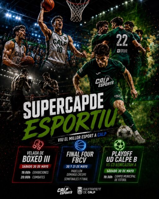 🔥 CALP ES CONVERTEIX EN LA CAPITAL DE L’ESPORT ESTE CAP DE SETMANA!

🏀 Final Four FBCV amb el CB Ifach Calpe lluitant per l’ascens
⚽ Playoff d’ascens del UD Calpe B vs Benicàssim A
🥊 Una espectacular Vetlada de Boxa III amb combats d’alt nivell @la.academia.club.de.boxeo 

Dos dies plens d’emoció, afició i ambient esportiu per a viure i gaudir a Calp 💚

📍Ciutat Esportiva de Calp

🔥 Vine a animar, a vibrar i a viure el millor esport a Calp!

—
🔥 ¡CALP SE CONVIERTE EN LA CAPITAL DEL DEPORTE ESTE FIN DE SEMANA!

🏀 Final Four FBCV con el CB Ifach Calpe luchando por el ascenso
⚽ Playoff de ascenso del UD Calpe B vs Benicàssim A
🥊 Una espectacular Velada de Boxeo III con combates de gran nivel @la.academia.club.de.boxeo 

Dos días llenos de emoción, afición y ambiente deportivo para disfrutar del mejor deporte en Calp 💚

📍Ciutat Esportiva Calp

🔥 ¡Ven a animar, vibrar y disfrutar del mejor deporte en Calp!

#CalpEsports #Calpe #Calp #Esport #Deporte