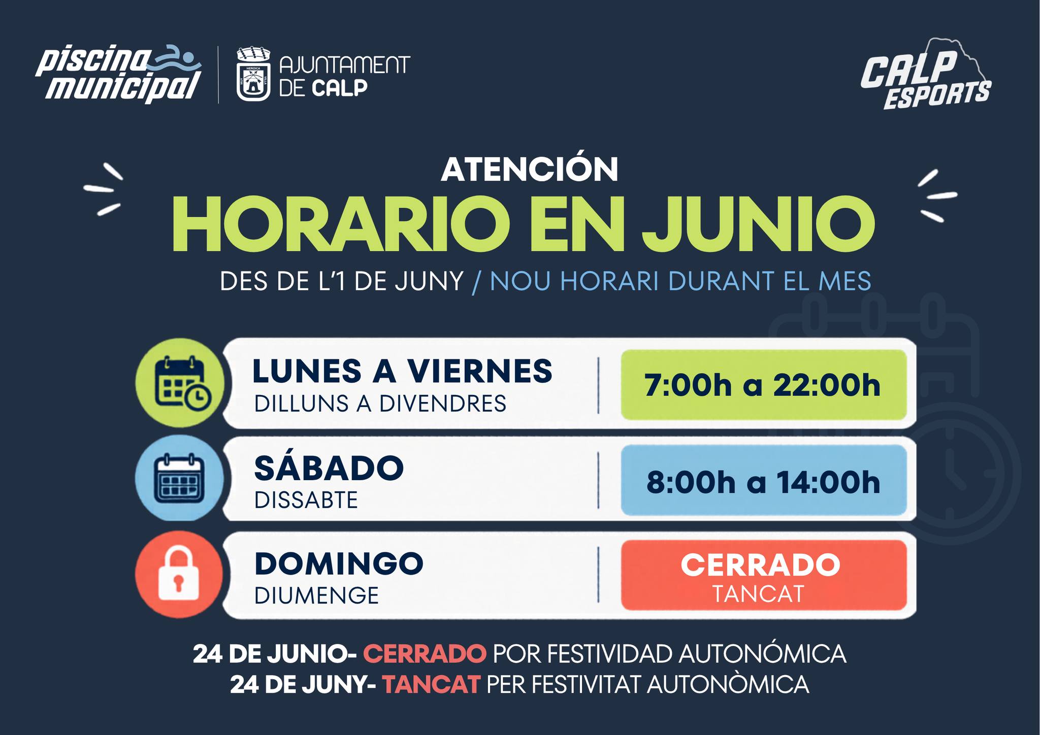 📢 Seguint el calendari anual d’obertura, que es pot consultar complet a esportscalp.es/piscina, a partir de l’1 de juny la Piscina Municipal de Calp adapta el seu horari per a la temporada d’estiu.

🕐 Nou horari:
➡️ Dilluns a divendres: de 7:00h a 22:00h
➡️ Dissabte: de 8:00h a 14:00h
➡️ Diumenge: tancat

📅 Recordem que el 24 de juny la instal·lació romandrà tancada per festivitat autonòmica.

---
📢 Siguiendo el calendario anual de apertura, que puede consultarse completo en esportscalp.es/piscina, a partir del 1 de junio la Piscina Municipal de Calp adapta su horario para la temporada de verano.

🕐 Nuevo horario:
➡️ Lunes a viernes: de 7:00h a 22:00h
➡️ Sábado: de 8:00h a 14:00h
➡️ Domingo: cerrado

📅 Recordamos que el 24 de junio la instalación permanecerá cerrada por festividad autonómica.