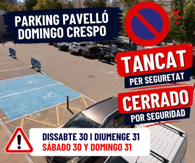 🚧 PARKING PABELLÓN DOMINGO CRESPO CERRADO 🚧

Este sábado 30 y domingo 31, el parking del Pabellón Domingo Crespo permanecerá cerrado por seguridad debido a la gran afluencia de público prevista durante la Final Four, el playoff de fútbol y el intenso fin de semana deportivo que vivirá Calp.

Se recomienda utilizar las zonas de estacionamiento alternativas como el parking del Esplai Parc, Piscina o Avda. País Valencià, y respetar la señalización habilitada.

----
🚧 PARKING PAVELLÓ DOMINGO CRESPO TANCAT 🚧

Este dissabte 30 i diumenge 31, el pàrquing del Pavelló Domingo Crespo romandrà tancat per seguretat degut a la gran afluència de públic prevista durant la Final Four, el playoff de futbol i l’intens cap de setmana esportiu que viurà Calp.

Es recomana utilitzar les zones d’estacionament alternatives com el pàrquing de l’Esplai Parc, Piscina o Av. País Valencià, i respectar la senyalització habilitada.