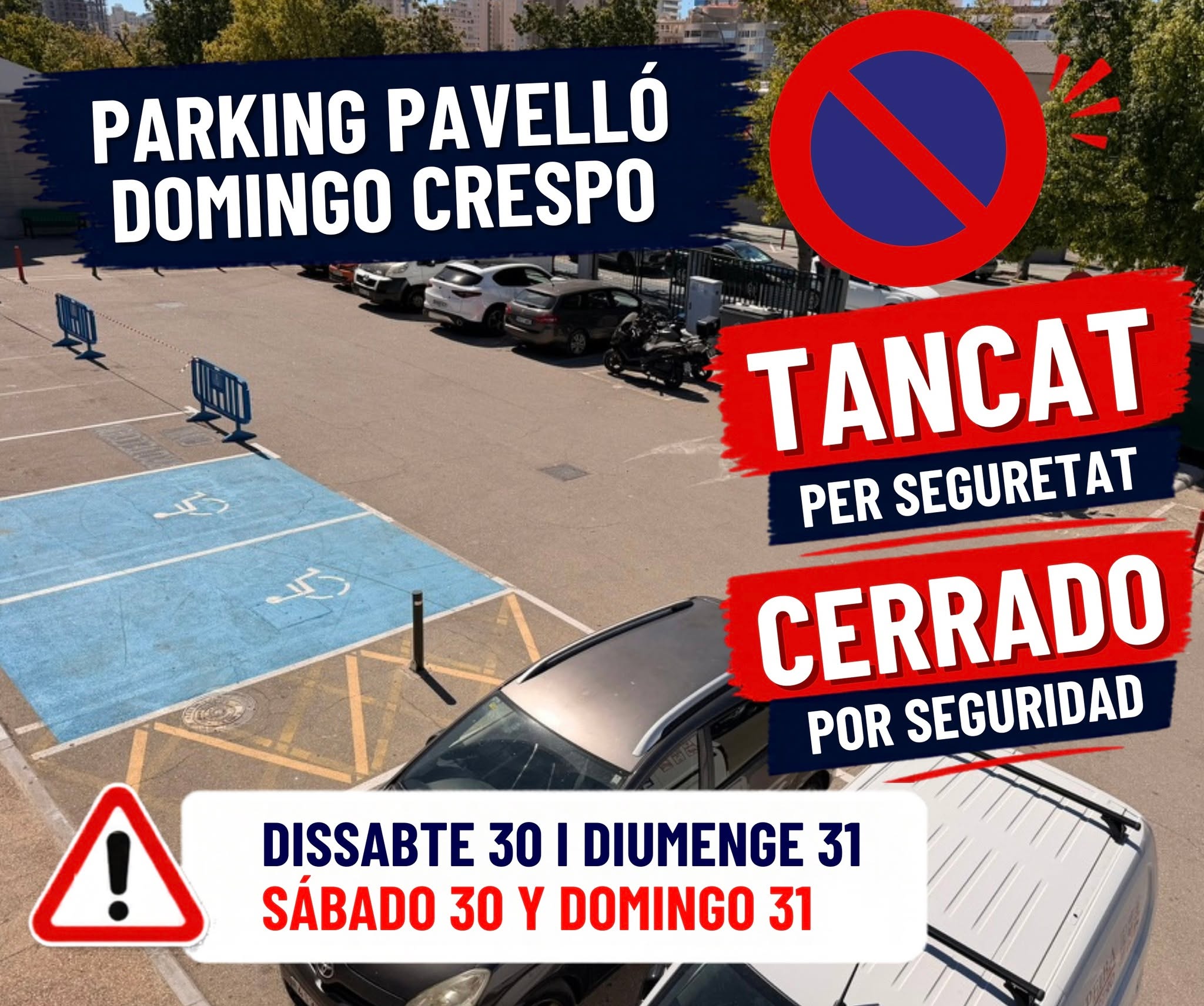 🚧 PARKING PABELLÓN DOMINGO CRESPO CERRADO 🚧

Este sábado 30 y domingo 31, el parking del Pabellón Domingo Crespo permanecerá cerrado por seguridad debido a la gran afluencia de público prevista durante la Final Four, el playoff de fútbol y el intenso fin de semana deportivo que vivirá Calp.

Se recomienda utilizar las zonas de estacionamiento alternativas como el parking del Esplai Parc, Piscina o Avda. País Valencià, y respetar la señalización habilitada.

----
🚧 PARKING PAVELLÓ DOMINGO CRESPO TANCAT 🚧

Este dissabte 30 i diumenge 31, el pàrquing del Pavelló Domingo Crespo romandrà tancat per seguretat degut a la gran afluència de públic prevista durant la Final Four, el playoff de futbol i l’intens cap de setmana esportiu que viurà Calp.

Es recomana utilitzar les zones d’estacionament alternatives com el pàrquing de l’Esplai Parc, Piscina o Av. País Valencià, i respectar la senyalització habilitada.