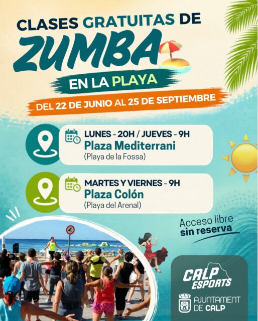 ☀️🏖️ ¡Este verano, ponte en movimiento frente al mar!

Vuelven las clases gratuitas de Zumba en la playa, una actividad abierta a todos los públicos para disfrutar del deporte, la música y el mejor ambiente al aire libre.

📍 Plaza Mediterrani (Playa de la Fossa)
🗓️ Lunes a las 20:00 h y jueves a las 9:00 h

📍 Plaza Colón (Playa del Arenal)
🗓️ Martes y viernes a las 9:00 h

📅 Del 22 de junio al 25 de septiembre
✅ Acceso libre y sin reserva previa

Anímate a mantenerte activo este verano y disfruta del ejercicio junto al Mediterráneo.

———
☀️🏖️ Este estiu, posa’t en moviment davant de la mar!

Tornen les classes gratuïtes de Zumba a la platja, una activitat oberta a tots els públics per gaudir de l’esport, la música i el millor ambient a l’aire lliure.

📍 Plaça Mediterrani (Platja de la Fossa)
🗓️ Dilluns a les 20:00 h i dijous a les 9:00 h

📍 Plaça Colón (Platja de l’Arenal)
🗓️ Dimarts i divendres a les 9:00 h

📅 Del 22 de juny al 25 de setembre
✅ Accés lliure i sense reserva prèvia

Anima’t a mantindre’t actiu aquest estiu i gaudeix de l’exercici al costat de la Mediterrània.