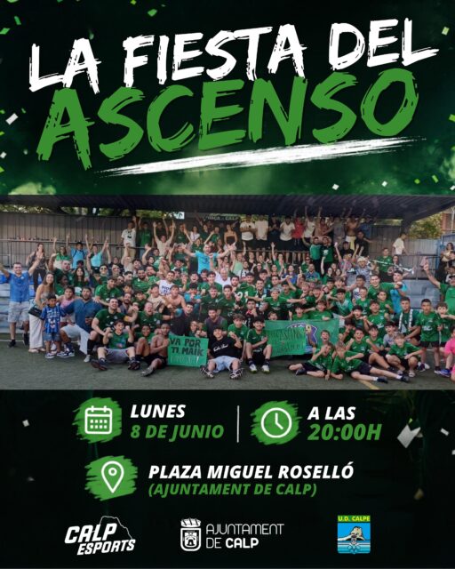 🏆 RECEPCIÓ A LA UD CALPE “B” 🏆

Esta vesprada, a les 20:00 h, rebrem a la Plaça Miguel Roselló a la U.D. Calpe “B” per celebrar el seu ascens a Segona FFCV.

Després de la gran remuntada aconseguida ahir a Benicàssim (3-4), l’equip ha culminat una temporada magnífica amb l’ascens de categoria.

Vos esperem per a compartir este moment tan especial amb l’equip.

——
🏆 RECEPCIÓN A LA UD CALPE “B” 🏆

Esta tarde, a las 20:00 h, recibiremos en la Plaza Miguel Roselló a la U.D. Calpe “B” para celebrar su ascenso a Segunda FFCV.

Tras la gran remontada lograda ayer en Benicàssim (3-4), el equipo ha culminado una magnífica temporada con el ascenso de categoría.

Os esperamos para compartir este momento tan especial con el equipo.