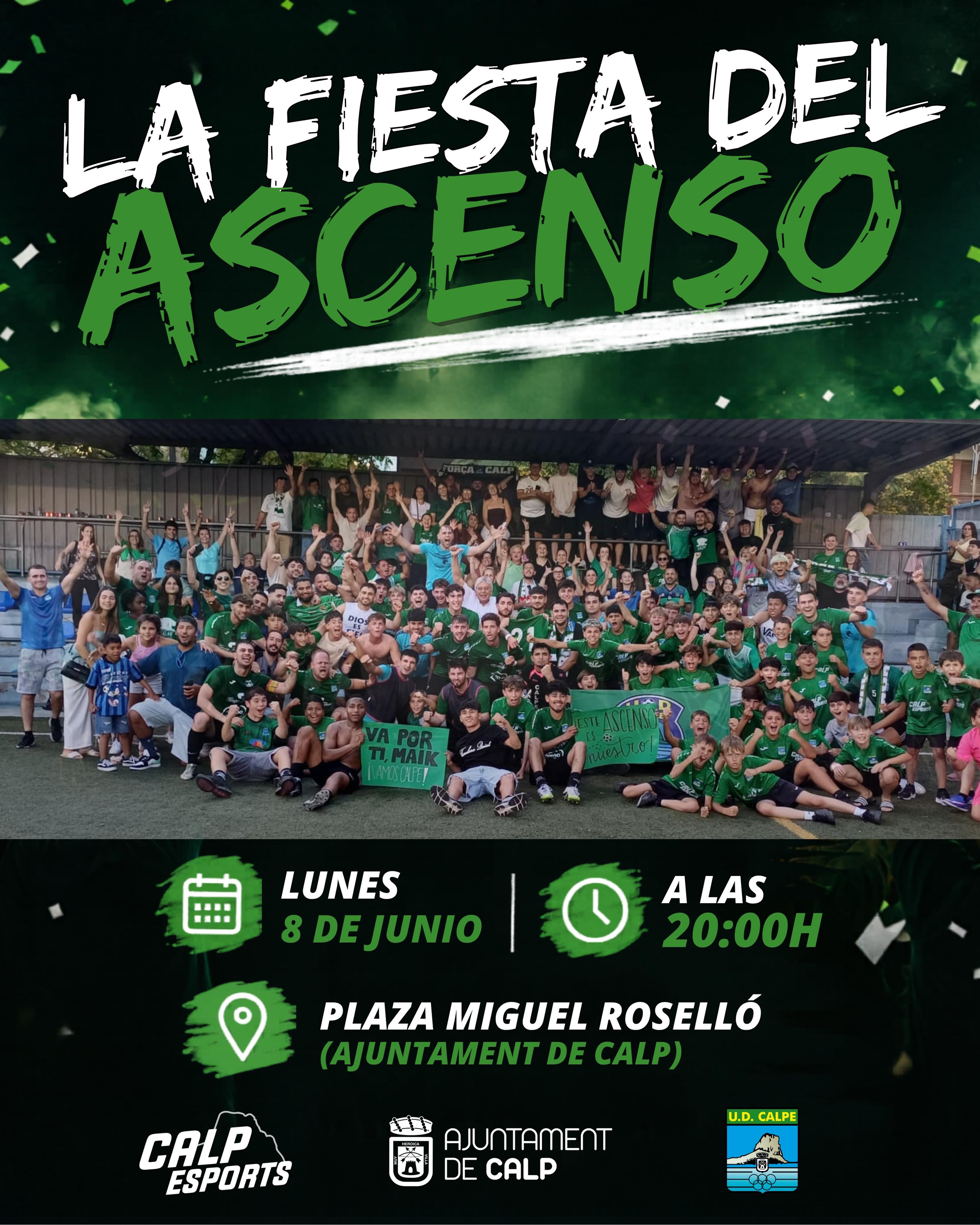 🏆 RECEPCIÓ A LA UD CALPE “B” 🏆

Esta vesprada, a les 20:00 h, rebrem a la Plaça Miguel Roselló a la U.D. Calpe “B” per celebrar el seu ascens a Segona FFCV.

Després de la gran remuntada aconseguida ahir a Benicàssim (3-4), l’equip ha culminat una temporada magnífica amb l’ascens de categoria.

Vos esperem per a compartir este moment tan especial amb l’equip.

——
🏆 RECEPCIÓN A LA UD CALPE “B” 🏆

Esta tarde, a las 20:00 h, recibiremos en la Plaza Miguel Roselló a la U.D. Calpe “B” para celebrar su ascenso a Segunda FFCV.

Tras la gran remontada lograda ayer en Benicàssim (3-4), el equipo ha culminado una magnífica temporada con el ascenso de categoría.

Os esperamos para compartir este momento tan especial con el equipo.