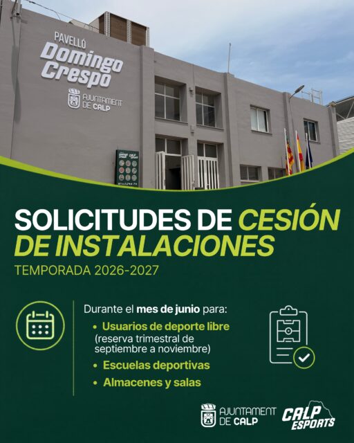 📅 Durante todo el mes de junio permanece abierto el plazo para solicitar la cesión de instalaciones deportivas municipales para la próxima temporada 2026-2027.

✅ Modelo D01 – Uso libre trimestral (septiembre-noviembre) para usuarios de deporte libre.
✅ Modelo D02 – Uso ordinario para clubes locales y centros educativos.
✅ Modelo D10 – Reserva de salas para clubes locales.
✅ Modelo D11 – Reserva de almacenes para clubes locales.

📝 Las solicitudes se resolverán durante el mes de julio una vez finalizado el plazo de presentación.

ℹ️ Consulta toda la información y presenta tu solicitud dentro del plazo establecido.

——
📅 Durant tot el mes de juny roman obert el termini per a sol·licitar la cessió d’instal·lacions esportives municipals per a la pròxima temporada 2026-2027.

✅ Model D01 – Ús lliure trimestral (setembre-novembre) per a usuaris d’esport lliure.
✅ Model D02 – Ús ordinari per a clubs locals i centres educatius.
✅ Model D10 – Reserva de sales per a clubs locals.
✅ Model D11 – Reserva de magatzems per a clubs locals.

📝 Les sol·licituds es resoldran durant el mes de juliol una vegada finalitzat el termini de presentació.

ℹ️ Consulta tota la informació i presenta la teua sol·licitud dins del termini establit.