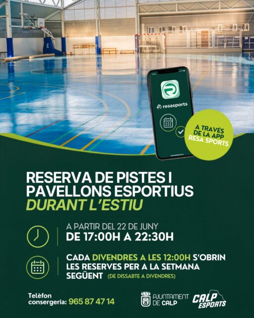 📲 RESERVA DE PISTAS E INSTALACIONES DEPORTIVAS ESTE VERANO
Este verano, reserva tus pistas e instalaciones deportivas de forma rápida y sencilla a través de la app Resa Sports, disponible en Google Play y App Store.
🕔 Horario de reservas: de 17:00 h a 22:30 h.
📅 Cada viernes a las 12:00 h se abrirán las reservas para la semana siguiente (de sábado a viernes).
⚠️ Información importante:
- Del 29 de junio al 28 de agosto, en horario de 8:00 h a 14:00 h, todas las instalaciones deportivas municipales serán de uso exclusivo del Campamento Municipal de Verano.
- Además, las instalaciones permanecerán cerradas de 15:00 h a 17:00 h debido a las altas temperaturas.
¡Planifica tus reservas y disfruta del deporte durante todo el verano!
----
📲 RESERVA DE PISTES I INSTAL·LACIONS ESPORTIVES ESTE ESTIU
Aquest estiu, reserva les teues pistes i instal·lacions esportives de manera ràpida i senzilla a través de l'app Resa Sports, disponible a Google Play i App Store.
🕔 Horari de reserves: de 17:00 h a 22:30 h.
📅 Cada divendres a les 12:00 h s'obriran les reserves per a la setmana següent (de dissabte a divendres).
⚠️ Informació important:
- Del 29 de juny al 28 d'agost, en horari de 8:00 h a 14:00 h, totes les instal·lacions esportives municipals seran d'ús exclusiu del Campament Municipal d'Estiu.
- A més, les instal·lacions romandran tancades de 15:00 h a 17:00 h a causa de les altes temperatures.
Planifica les teues reserves i gaudeix de l'esport durant tot l'estiu!