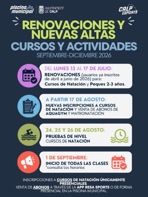 🏊♂️ La Piscina Municipal de Calp iniciarà una nova temporada a setembre!
📅 Ja pots consultar les dates de renovacions, noves inscripcions, horaris i tarifes dels cursos i activitats de setembre a desembre de 2026.
ℹ️ Recorda:
✔️ Del 13 al 17 de juliol: renovacions.
✔️ Des del 17 d’agost: noves inscripcions.
✔️ 24, 25 i 26 d’agost: proves de nivell.
✔️ 1 de setembre: inici de les classes.
💶 Les tarifes seran vàlides només fins al 31 de desembre de 2026. L’1 de gener de 2027 entrarà, previsiblement, en vigor una nova ordenança de preus amb noves modalitats d’abonaments.
——
🏊♂️ ¡La Piscina Municipal de Calp iniciará en septiembre una nueva temporada!
📅 Ya puedes consultar las fechas de renovaciones, nuevas inscripciones, horarios y tarifas de los cursos y actividades de septiembre a diciembre de 2026.
ℹ️ Recuerda:
✔️ Del 13 al 17 de julio: renovaciones.
✔️ Desde el 17 de agosto: nuevas inscripciones.
✔️ 24, 25 y 26 de agosto: pruebas de nivel.
✔️ 1 de septiembre: inicio de las clases.
💶 Las tarifas serán válidas solo hasta el 31 de diciembre de 2026. El 1 de enero de 2027 entrará, previsiblemente, en vigor una nueva estructura de precios con nuevas modalidades de abonos.