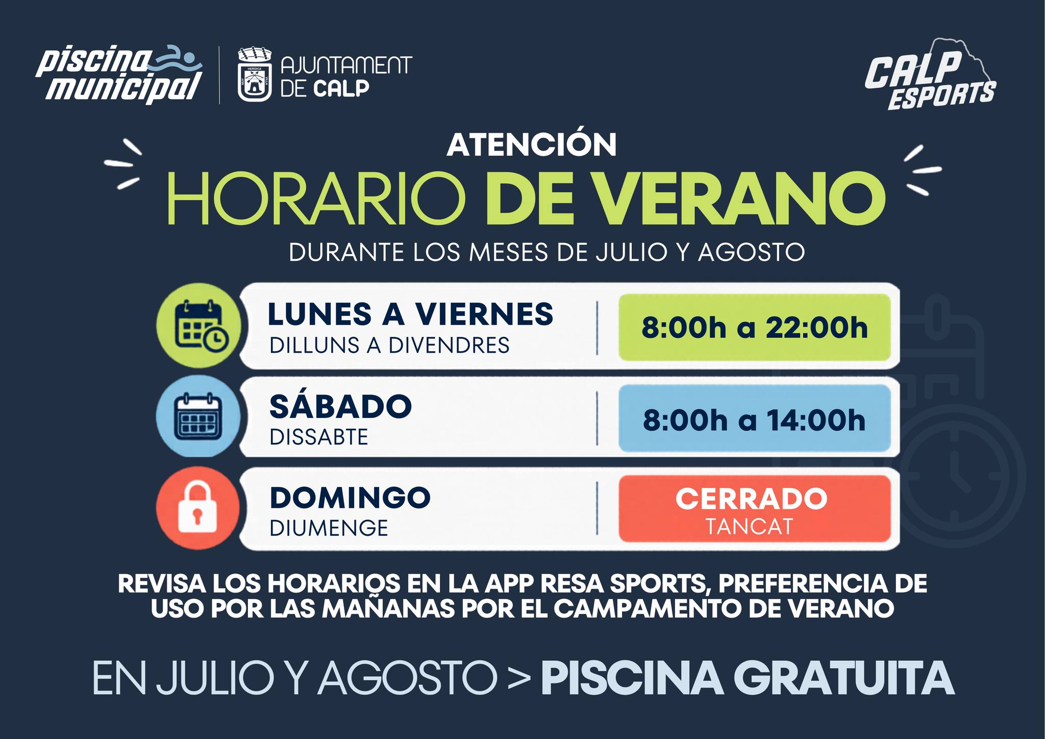 ☀️ HORARIO DE VERANO | PISCINA MUNICIPAL DE CALP
Durante los meses de julio y agosto, la Piscina Municipal adapta su horario para que puedas seguir disfrutando del deporte y del baño libre.
🕗 Lunes a viernes: 8:00 h – 22:00 h
🕗 Sábados: 8:00 h – 14:00 h
❌ Domingos: Cerrado
📲 Consulta la disponibilidad de calles en la app Resa Sports, ya que durante las mañanas existe preferencia de uso para el Campamento Municipal de Verano.
💙 Además, durante julio y agosto, el acceso a la piscina será GRATUITO.
¡Te esperamos este verano! 🏊☀️
───────────
☀️ HORARI D'ESTIU | PISCINA MUNICIPAL DE CALP
Durant els mesos de juliol i agost, la Piscina Municipal adapta el seu horari perquè pugues continuar gaudint de l'esport i del bany lliure.
🕗 De dilluns a divendres: 8.00 h – 22.00 h
🕗 Dissabtes: 8.00 h – 14.00 h
❌ Diumenges: Tancat
📲 Consulta la disponibilitat dels carrers en l'app Resa Sports, ja que durant els matins hi haurà preferència d'ús per al Campament Municipal d'Estiu.
💙 A més, durant juliol i agost, l'accés a la piscina serà GRATUÏT.
T'esperem aquest estiu! 🏊☀️