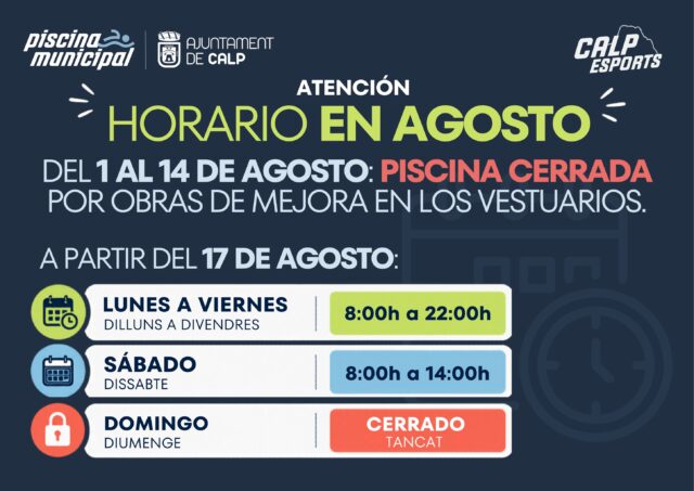 🏊‍♀️ NOU HORARI D’AGOST | PISCINA MUNICIPAL

📢 La Piscina Municipal romandrà tancada de l’1 al 16 d’agost per obres de millora.

✅ Es renovaran completament el paviment, el sostre i la il·luminació dels vestidors, una actuació molt esperada, amb una inversió aproximada de 26.000 €.

⚡ A més, durant el mes d’agost també es renovarà el quadre elèctric general de la piscina, una actuació valorada en 7.000 €, substituint una instal·lació que es mantenia des de l’època en què l’edifici era l’antic institut.

📅 La piscina reobrirà amb normalitat el 17 d’agost, coincidint amb l’obertura del termini d’inscripció als nous cursos i activitats.

🚧 Durant la segona quinzena d’agost encara quedaran alguns treballs pendents, però seran compatibles amb l’ús normal de la instal·lació.

⸻
🏊‍♀️ NUEVO HORARIO DE AGOSTO | PISCINA MUNICIPAL

📢 La Piscina Municipal permanecerá cerrada del 1 al 16 de agosto por obras de mejora.

✅ Se renovarán completamente el pavimento, el techo y la iluminación de los vestuarios, una actuación muy esperada, con una inversión aproximada de 26.000 €.

⚡ Además, durante el mes de agosto también se renovará el cuadro eléctrico general de la piscina, una actuación valorada en 7.000 €, sustituyendo una instalación que se mantenía desde la época en la que el edificio era el antiguo instituto.

📅 La piscina reabrirá con normalidad el 17 de agosto, coincidiendo con la apertura del plazo de inscripción a los nuevos cursos y actividades.

🚧 Durante la segunda quincena de agosto todavía quedarán algunos trabajos pendientes, aunque serán totalmente compatibles con el uso normal de la instalación.