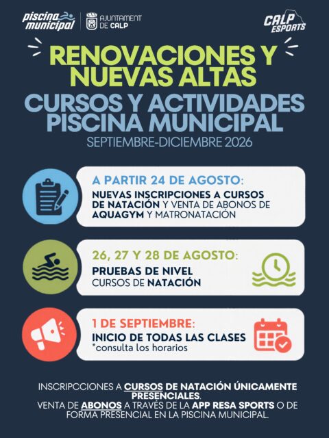 🏊‍♀️ NOVEDADES CURSOS DE NATACIÓN | TEMPORADA DE SEPTIEMBRE

📢 Modificamos la fecha de renovación y nuevas altas de los cursos de la Piscina Municipal.

La fecha prevista inicialmente para el 17 de agosto se traslada al 24 de agosto, ya que la piscina municipal mantendrá una semana más su cierre debido a que la empresa encargada de los trabajos de renovación de los vestuarios todavía no ha finalizado las obras.

👉 Por tanto, a partir del 24 de agosto se podrán realizar las renovaciones y nuevas altas para los cursos de natación de la temporada que comenzará en septiembre.

Lamentamos las molestias que este cambio pueda ocasionar y agradecemos vuestra comprensión y paciencia mientras finalizamos estas actuaciones de mejora.

🏊‍♂️ ¡Nos vemos en la piscina!

⸻
🏊‍♀️ NOVETATS CURSOS DE NATACIÓ | TEMPORADA DE SETEMBRE

📢 Modifiquem la data de renovació i noves altes dels cursos de la Piscina Municipal.

La data prevista inicialment per al 17 d’agost es trasllada al 24 d’agost, ja que la piscina municipal mantindrà una setmana més el seu tancament perquè l’empresa encarregada dels treballs de renovació dels vestidors encara no ha finalitzat les obres.

👉 Per tant, a partir del 24 d’agost es podran realitzar les renovacions i noves altes per als cursos de natació de la temporada que començarà al setembre.

Lamentem les molèsties que aquest canvi puga ocasionar i agraïm la vostra comprensió i paciència mentre finalitzem aquestes actuacions de millora.

🏊‍♂️ Ens veiem a la piscina!