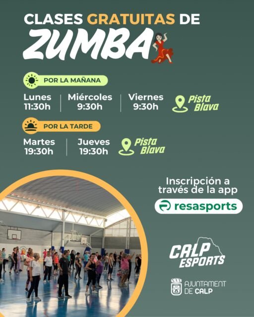 💃 ¡Vuelve la Zumba a Calp!
A partir del 5 de octubre, vuelven las clases gratuitas de Zumba a la Pista Blava. 🔥
☀️ Por la mañana:
• Lunes — 11:00 h (ATENCIÓN, ERROR EN EL CARTEL)
• Miércoles — 9:30 h
• Viernes — 9:30 h
🌅 Por la tarde:
• Martes — 19:30 h
• Jueves — 19:30 h
🎟️ ¡625 plazas disponibles cada semana!
📲 Inscripciones a través de la app Resasports.
Una actividad gratuita para hacer deporte, disfrutar de la música y compartir buenos momentos. 💚
----
💃 Torna la Zumba a Calp!
A partir del 5 d’octubre, tornen les classes gratuïtes de Zumba a la Pista Blava. 🔥
☀️ Pel matí:
• Dilluns — 11.00 h (ATENCIÓ, ERRADA AL CARTELL)
• Dimecres — 9.30 h
• Divendres — 9.30 h
🌅 Per la vesprada:
• Dimarts — 19.30 h
• Dijous — 19.30 h
🎟️ 625 places disponibles cada setmana!
📲 Inscripcions a través de l’app Resasports.
Una activitat gratuïta per a fer esport, gaudir de la música i compartir bons moments. 💚