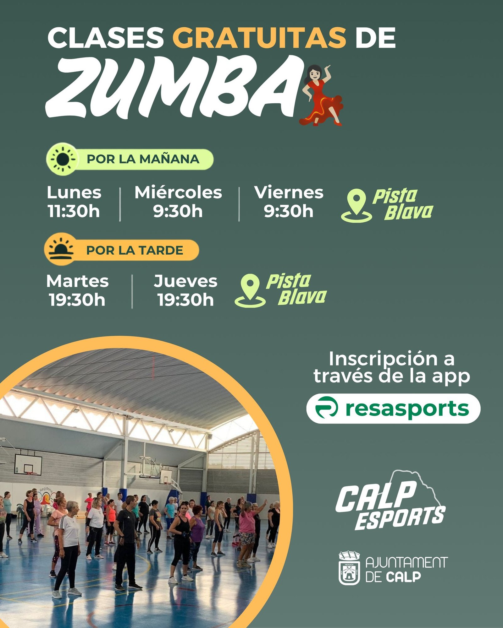 💃 ¡Vuelve la Zumba a Calp!
A partir del 5 de octubre, vuelven las clases gratuitas de Zumba a la Pista Blava. 🔥
☀️ Por la mañana:
• Lunes — 11:00 h (ATENCIÓN, ERROR EN EL CARTEL)
• Miércoles — 9:30 h
• Viernes — 9:30 h
🌅 Por la tarde:
• Martes — 19:30 h
• Jueves — 19:30 h
🎟️ ¡625 plazas disponibles cada semana!
📲 Inscripciones a través de la app Resasports.
Una actividad gratuita para hacer deporte, disfrutar de la música y compartir buenos momentos. 💚
----
💃 Torna la Zumba a Calp!
A partir del 5 d’octubre, tornen les classes gratuïtes de Zumba a la Pista Blava. 🔥
☀️ Pel matí:
• Dilluns — 11.00 h (ATENCIÓ, ERRADA AL CARTELL)
• Dimecres — 9.30 h
• Divendres — 9.30 h
🌅 Per la vesprada:
• Dimarts — 19.30 h
• Dijous — 19.30 h
🎟️ 625 places disponibles cada setmana!
📲 Inscripcions a través de l’app Resasports.
Una activitat gratuïta per a fer esport, gaudir de la música i compartir bons moments. 💚