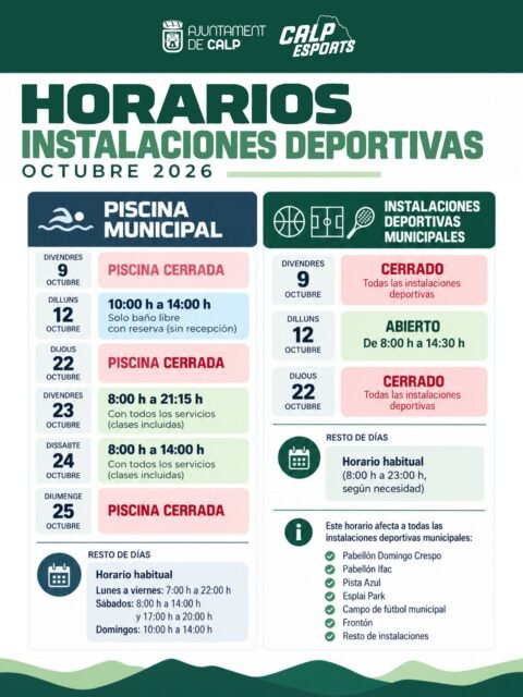 📅🏟️ HORARIS ESPECIALS – OCTUBRE

Amb motiu dels festius i dates especials d’aquest mes, algunes instal·lacions esportives municipals i la Piscina Municipal comptaran amb horaris diferents dels habituals.

👉 Consulta tota la informació i els horaris especials en la infografia.

Planifica la teua activitat esportiva i consulta els horaris abans d’acudir a les instal·lacions. 💚

— — —
📅🏟️ HORARIOS ESPECIALES – OCTUBRE

Con motivo de los festivos y fechas especiales de este mes, algunas instalaciones deportivas municipales y la Piscina Municipal contarán con horarios diferentes a los habituales.

👉 Consulta toda la información y los horarios especiales en la infografía.

Planifica tu actividad deportiva y consulta los horarios antes de acudir a las instalaciones. 💚