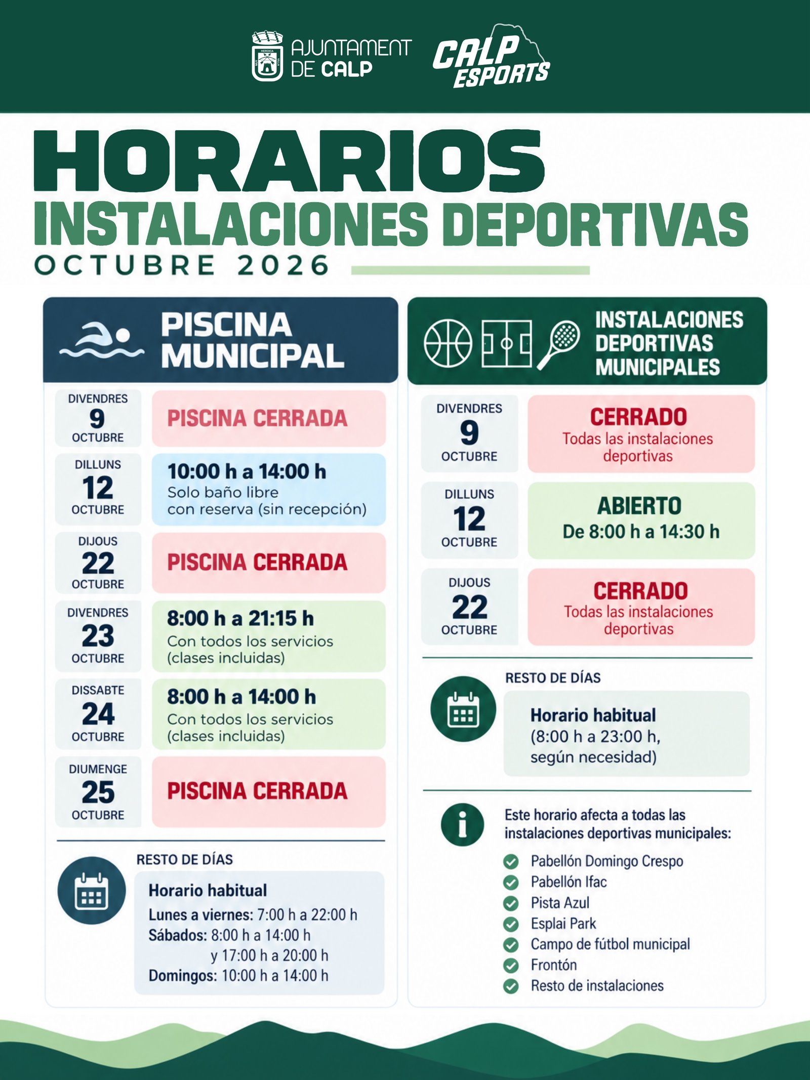 📅🏟️ HORARIS ESPECIALS – OCTUBRE

Amb motiu dels festius i dates especials d’aquest mes, algunes instal·lacions esportives municipals i la Piscina Municipal comptaran amb horaris diferents dels habituals.

👉 Consulta tota la informació i els horaris especials en la infografia.

Planifica la teua activitat esportiva i consulta els horaris abans d’acudir a les instal·lacions. 💚

— — —
📅🏟️ HORARIOS ESPECIALES – OCTUBRE

Con motivo de los festivos y fechas especiales de este mes, algunas instalaciones deportivas municipales y la Piscina Municipal contarán con horarios diferentes a los habituales.

👉 Consulta toda la información y los horarios especiales en la infografía.

Planifica tu actividad deportiva y consulta los horarios antes de acudir a las instalaciones. 💚