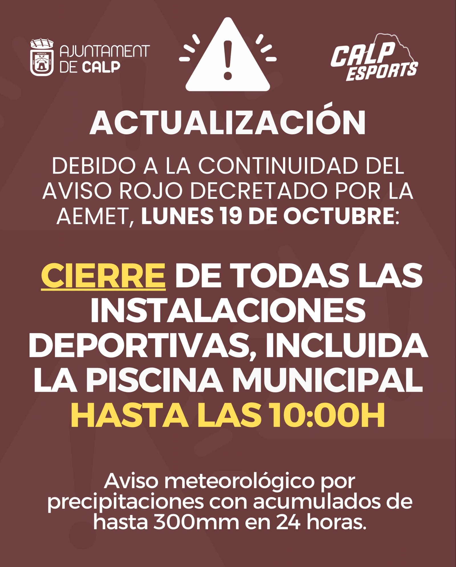 📢 ACTUALIZACIÓN DEL AVISO POR ALERTA ROJA

Debido a la continuidad de la situación de alerta roja, se mantiene el cierre de todas las instalaciones deportivas hasta las 10:00 h del lunes 19 de octubre.

🏊 Piscina municipal: se cancelan todas las actividades previstas entre las 8:00 y las 9:59 h. A partir de las 10:00 h, la piscina abrirá con normalidad, siempre que no se comuniquen nuevas indicaciones. Cualquier actualización se informará mañana a primera hora a través de este mismo canal.

💃 Actividad de Zumba: también queda suspendida la sesión prevista mañana a las 11:00 h en la Pista Azul, con el fin de evitar desplazamientos innecesarios y facilitar las tareas de mantenimiento de las instalaciones.

🙏 Rogamos disculpen las molestias y agradecemos vuestra comprensión y colaboración. La seguridad de todas las personas es nuestra prioridad.
